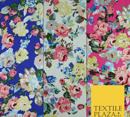 Rose Floral Bunch Printed 100% Cotton Poplin Summer Dress Fabric Material 59"