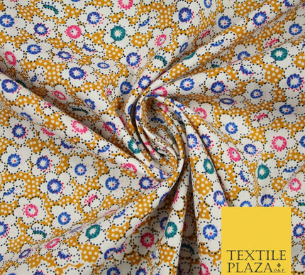 Mustard Floral Daisy Pin Dot Printed 100% Cotton Poplin Dress Fabric 59" 5534