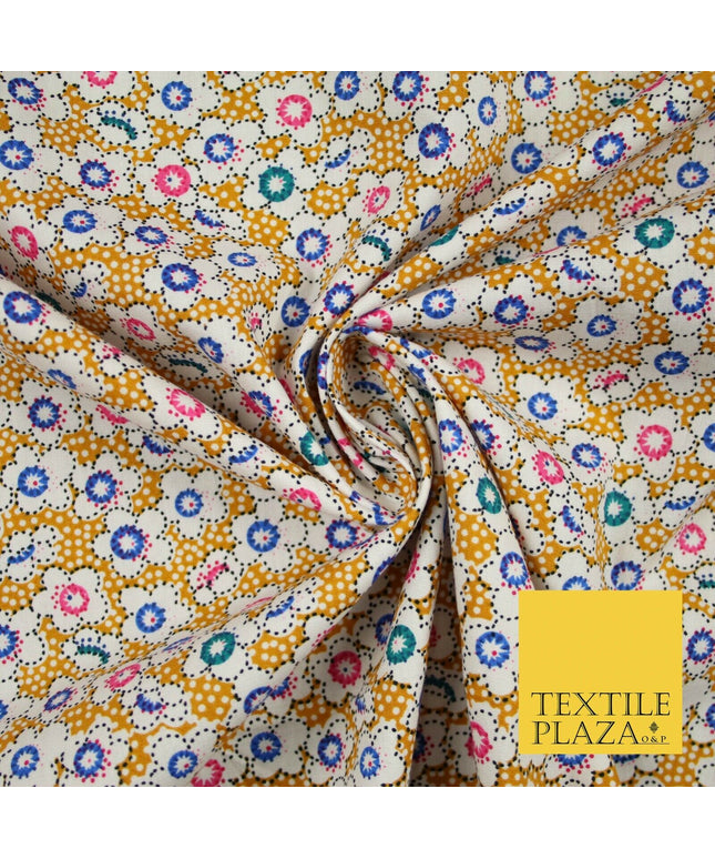 Mustard Floral Daisy Pin Dot Printed 100% Cotton Poplin Dress Fabric 59" 5534