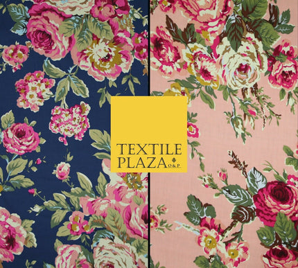 Navy Peach Floral Blooming Roses Printed 100% Cotton Poplin Dress Fabric 59"