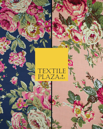 Navy Peach Floral Blooming Roses Printed 100% Cotton Poplin Dress Fabric 59"