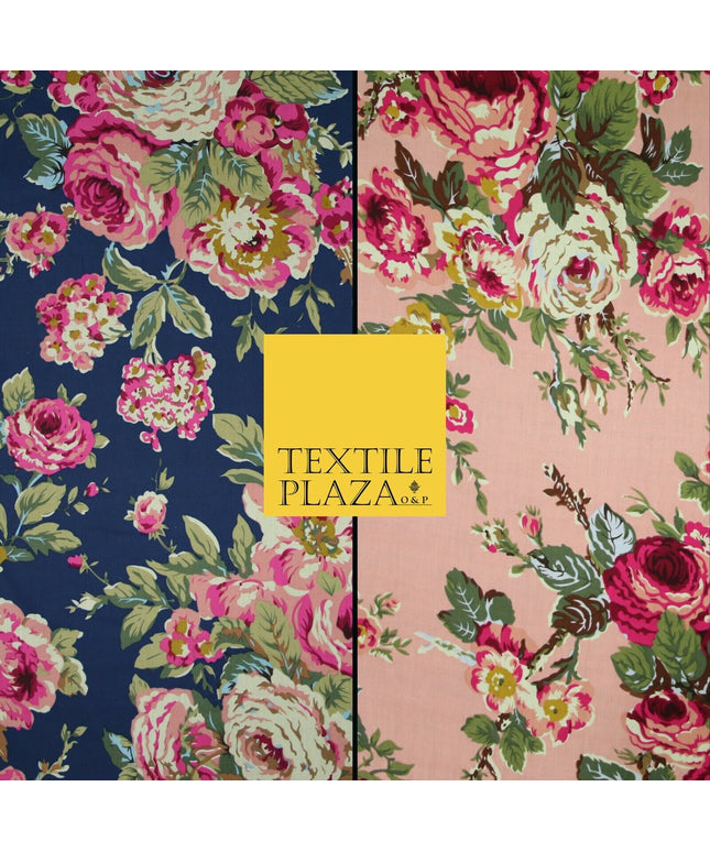 Navy Peach Floral Blooming Roses Printed 100% Cotton Poplin Dress Fabric 59"