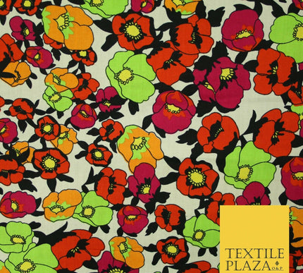 Ivory Black Artsy Floral Tribal Printed 100% Cotton Poplin Dress Fabric 59" 5537