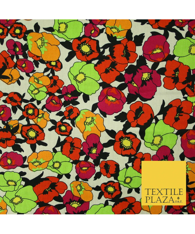Ivory Black Artsy Floral Tribal Printed 100% Cotton Poplin Dress Fabric 59" 5537