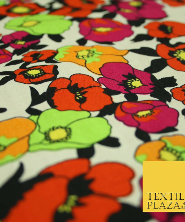 Ivory Black Artsy Floral Tribal Printed 100% Cotton Poplin Dress Fabric 59" 5537