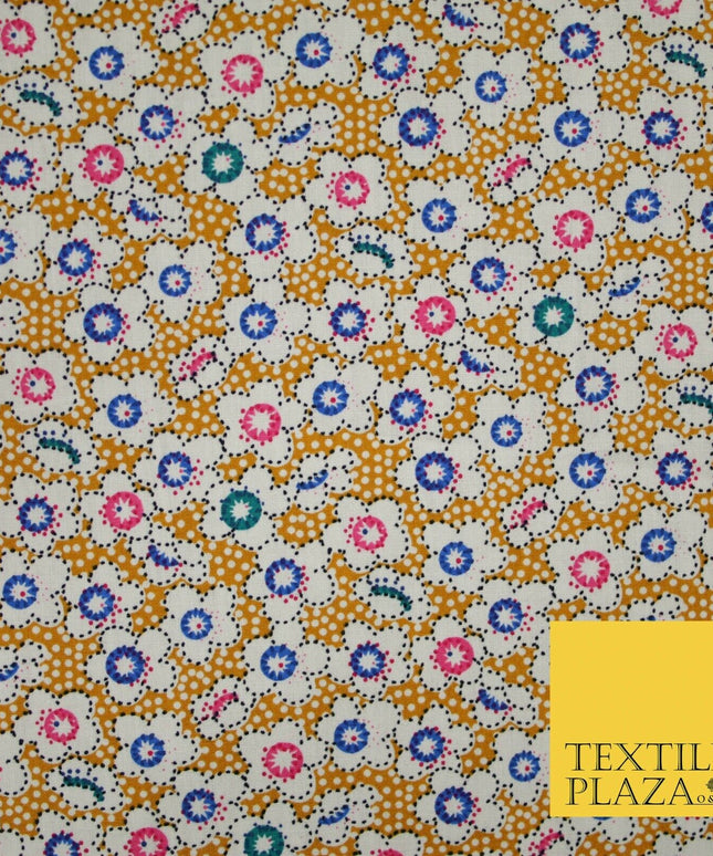 Mustard Floral Daisy Pin Dot Printed 100% Cotton Poplin Dress Fabric 59" 5534