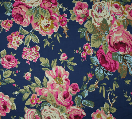 Navy Peach Floral Blooming Roses Printed 100% Cotton Poplin Dress Fabric 59"