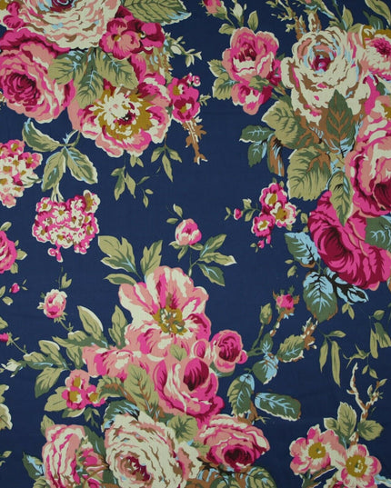 Navy Peach Floral Blooming Roses Printed 100% Cotton Poplin Dress Fabric 59"