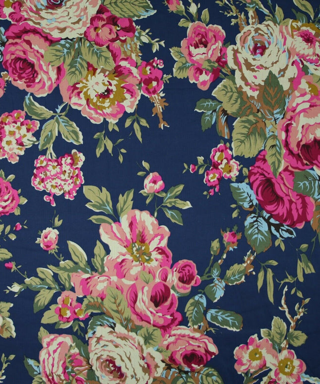 Navy Peach Floral Blooming Roses Printed 100% Cotton Poplin Dress Fabric 59"