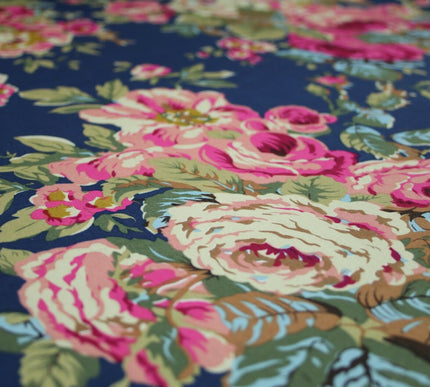 Navy Peach Floral Blooming Roses Printed 100% Cotton Poplin Dress Fabric 59"