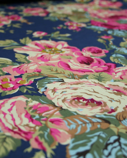 Navy Peach Floral Blooming Roses Printed 100% Cotton Poplin Dress Fabric 59"