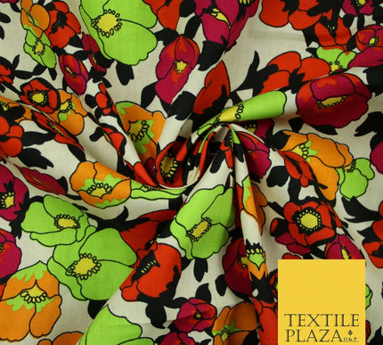 Ivory Black Artsy Floral Tribal Printed 100% Cotton Poplin Dress Fabric 59" 5537