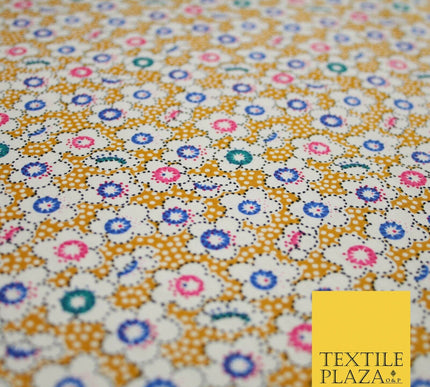 Mustard Floral Daisy Pin Dot Printed 100% Cotton Poplin Dress Fabric 59" 5534