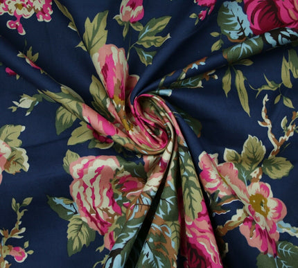 Navy Peach Floral Blooming Roses Printed 100% Cotton Poplin Dress Fabric 59"
