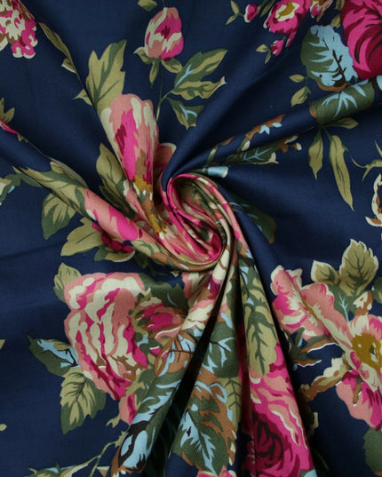 Navy Peach Floral Blooming Roses Printed 100% Cotton Poplin Dress Fabric 59"