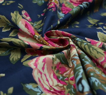 Navy Peach Floral Blooming Roses Printed 100% Cotton Poplin Dress Fabric 59"