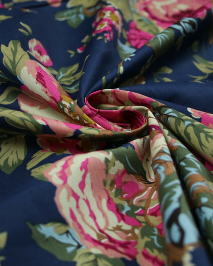 Navy Peach Floral Blooming Roses Printed 100% Cotton Poplin Dress Fabric 59"