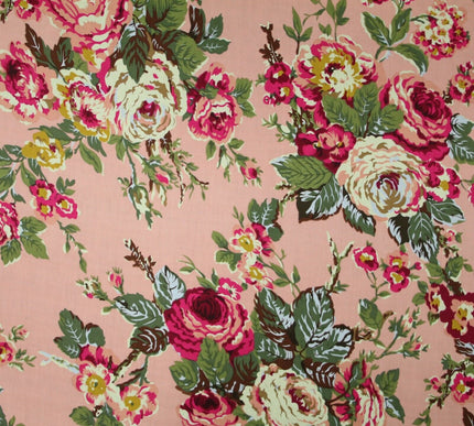 Navy Peach Floral Blooming Roses Printed 100% Cotton Poplin Dress Fabric 59"