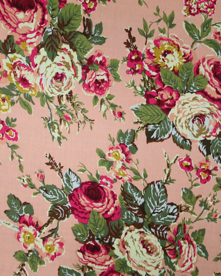 Navy Peach Floral Blooming Roses Printed 100% Cotton Poplin Dress Fabric 59"