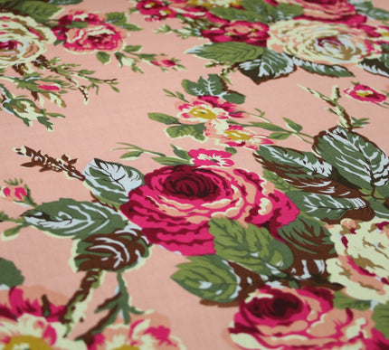 Navy Peach Floral Blooming Roses Printed 100% Cotton Poplin Dress Fabric 59"