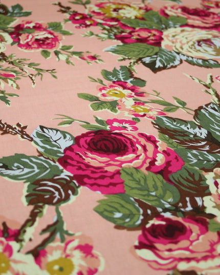 Navy Peach Floral Blooming Roses Printed 100% Cotton Poplin Dress Fabric 59"