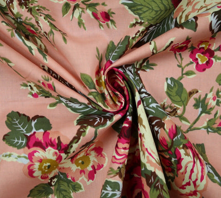 Navy Peach Floral Blooming Roses Printed 100% Cotton Poplin Dress Fabric 59"