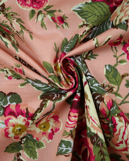Navy Peach Floral Blooming Roses Printed 100% Cotton Poplin Dress Fabric 59"