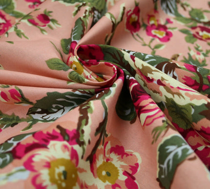 Navy Peach Floral Blooming Roses Printed 100% Cotton Poplin Dress Fabric 59"