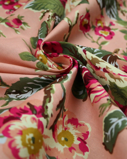 Navy Peach Floral Blooming Roses Printed 100% Cotton Poplin Dress Fabric 59"