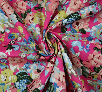 Rose Floral Bunch Printed 100% Cotton Poplin Summer Dress Fabric Material 59"