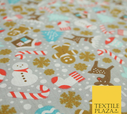 Festive Snowman Reindeer Christmas Printed Poly Cotton Fabric Polycotton 45"