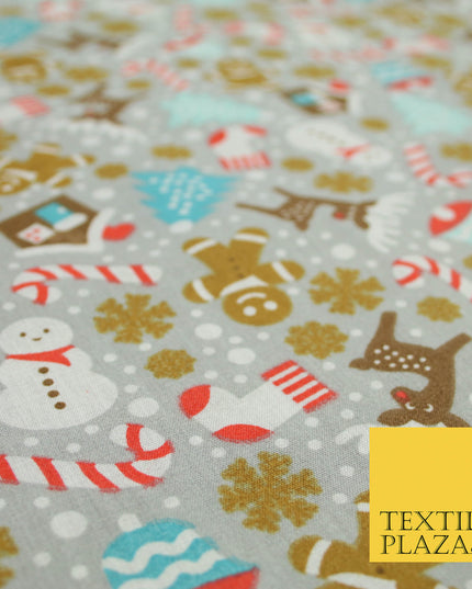 Festive Snowman Reindeer Christmas Printed Poly Cotton Fabric Polycotton 45"