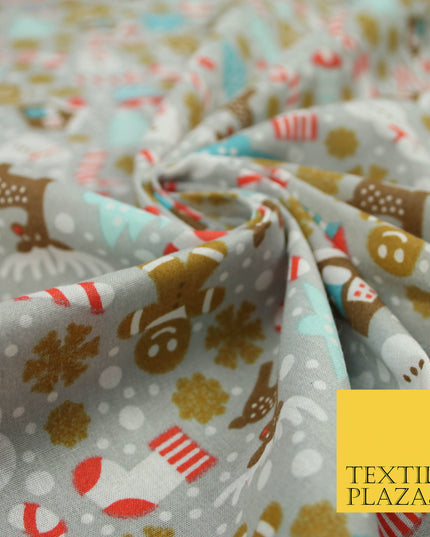 Festive Snowman Reindeer Christmas Printed Poly Cotton Fabric Polycotton 45"