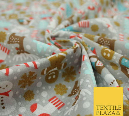 Festive Snowman Reindeer Christmas Printed Poly Cotton Fabric Polycotton 45"