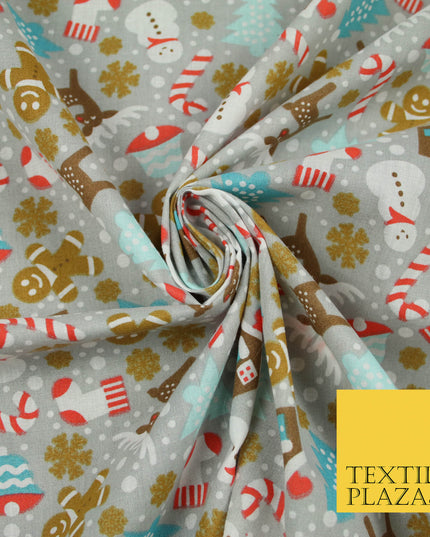 Festive Snowman Reindeer Christmas Printed Poly Cotton Fabric Polycotton 45"