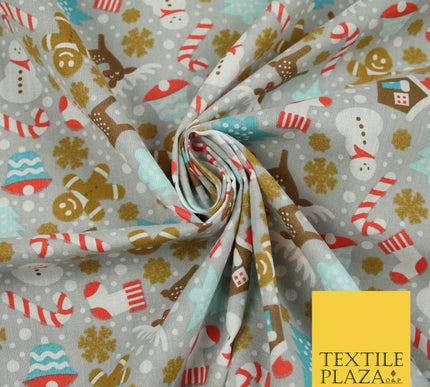 Festive Snowman Reindeer Christmas Printed Poly Cotton Fabric Polycotton 45"
