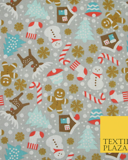 Festive Snowman Reindeer Christmas Printed Poly Cotton Fabric Polycotton 45"