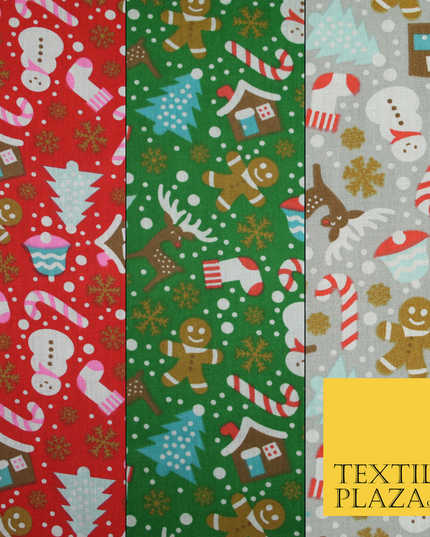 Festive Snowman Reindeer Christmas Printed Poly Cotton Fabric Polycotton 45"