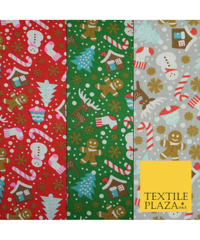 Festive Snowman Reindeer Christmas Printed Poly Cotton Fabric Polycotton 45"