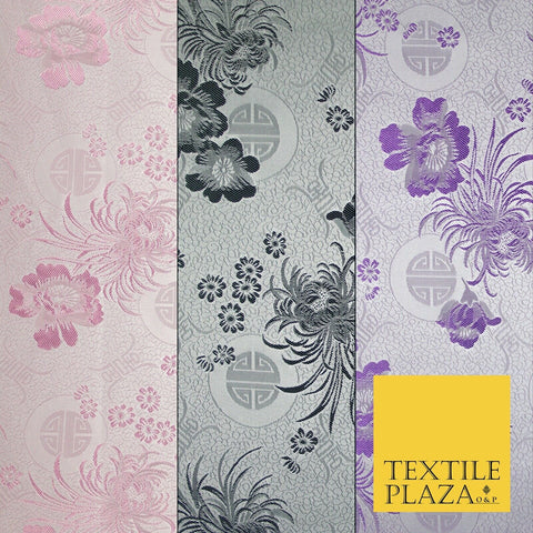 Pastel Oriental Floral Shou Chinese Brocade Floral Satin Jacquard Fabric 58"