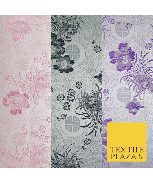 Pastel Oriental Floral Shou Chinese Brocade Floral Satin Jacquard Fabric 58"