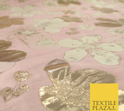 Luxury Textured Metallic Gold Floral Pansy Bloom Brocade Jacquard Dress Fabric