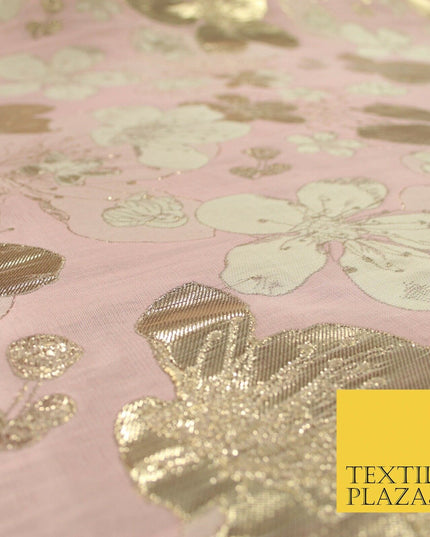 Luxury Textured Metallic Gold Floral Pansy Bloom Brocade Jacquard Dress Fabric