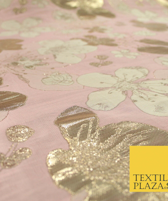 Luxury Textured Metallic Gold Floral Pansy Bloom Brocade Jacquard Dress Fabric
