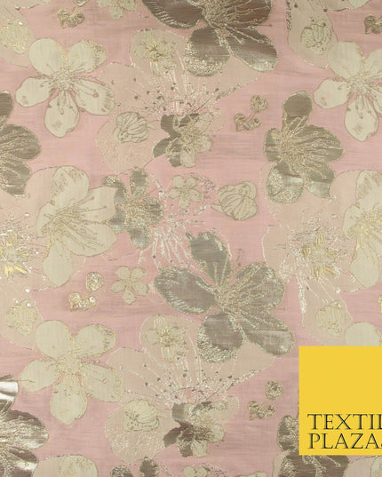 Luxury Textured Metallic Gold Floral Pansy Bloom Brocade Jacquard Dress Fabric