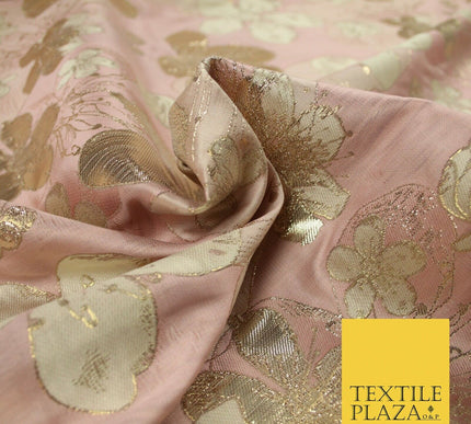 Luxury Textured Metallic Gold Floral Pansy Bloom Brocade Jacquard Dress Fabric