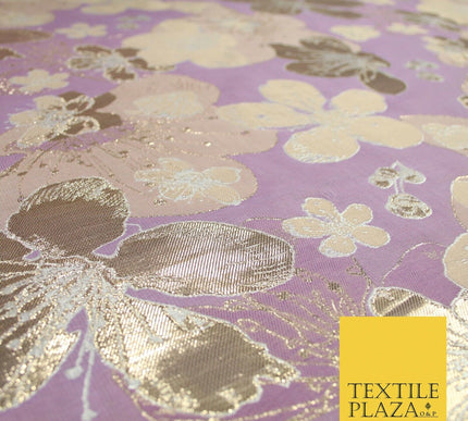 Luxury Textured Metallic Gold Floral Pansy Bloom Brocade Jacquard Dress Fabric
