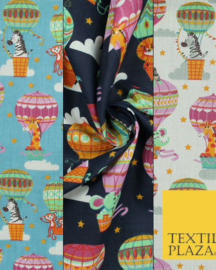 Fun Jungle Animals Hot Air Balloon Clouds Printed Polycotton Dress Craft Fabric