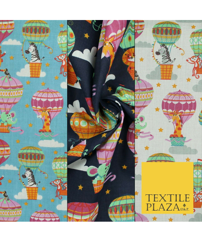 Fun Jungle Animals Hot Air Balloon Clouds Printed Polycotton Dress Craft Fabric