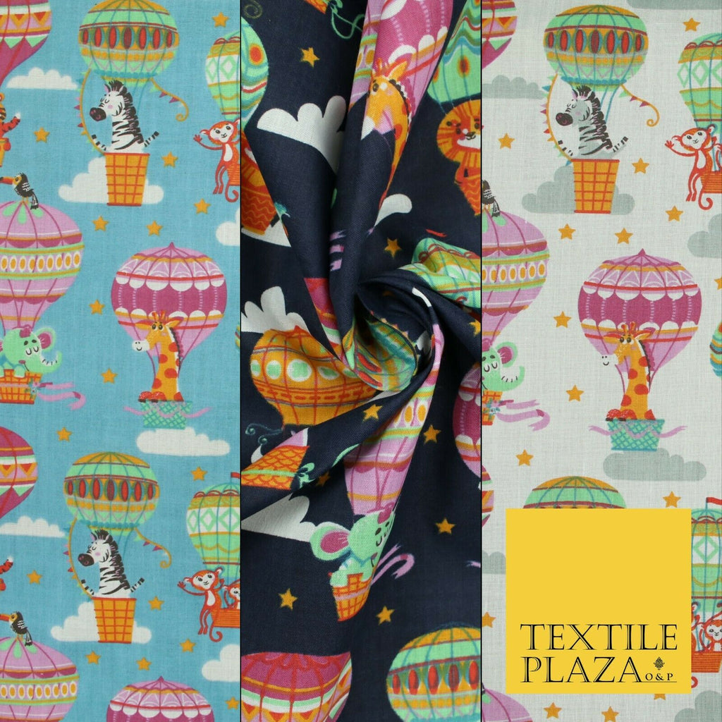 Fun Jungle Animals Hot Air Balloon Clouds Printed Polycotton Dress Craft Fabric